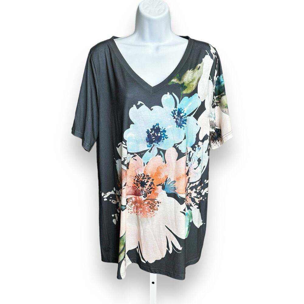 New Bloomchic Multicolor Floral Print Short Sleeve V-Neck T-shirt Gray 14/16 1X
